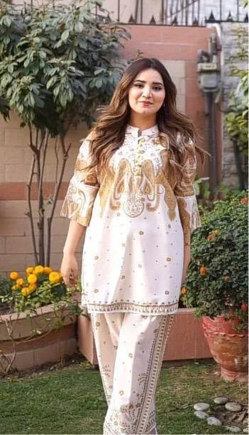 2 Pcs Women's Stitched Swiss Lawn Printed Shirt And Trouser