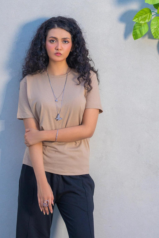 Khaki Beige Crew Neck T-Shirt – Women's Everyday Neutral Tee EW-001147
